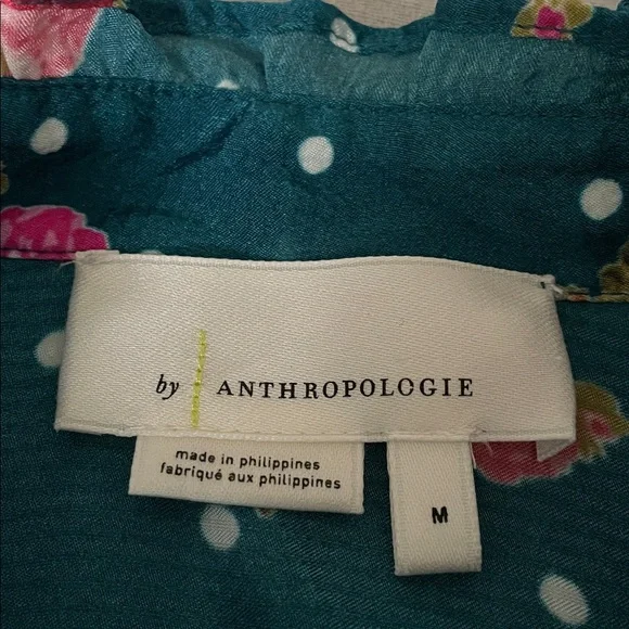 Anthropologie Teal Floral Blouse Pink Floral Print & Polka Dots Size Medium - Picture 2 of 10